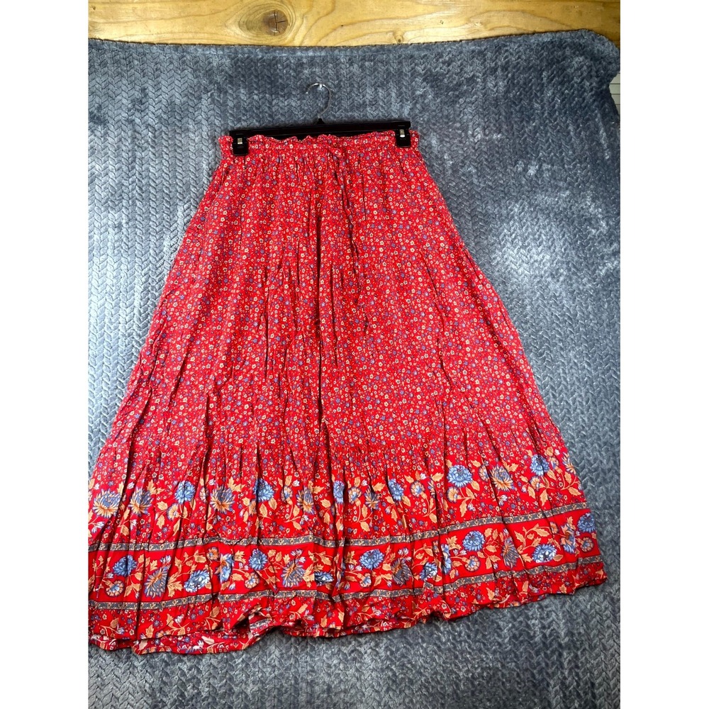 Zesica A-Line Maxi Skirt Women Medium Red Boho Floral Print Tiered Elastic Waist